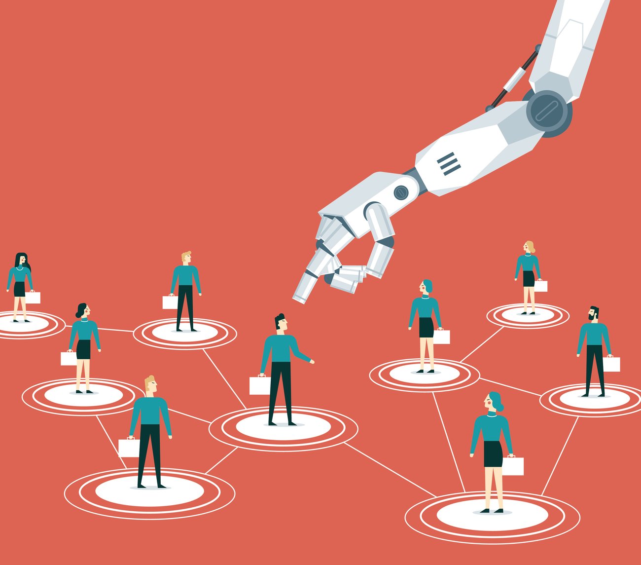drawing of a robotic arm selecting human employers