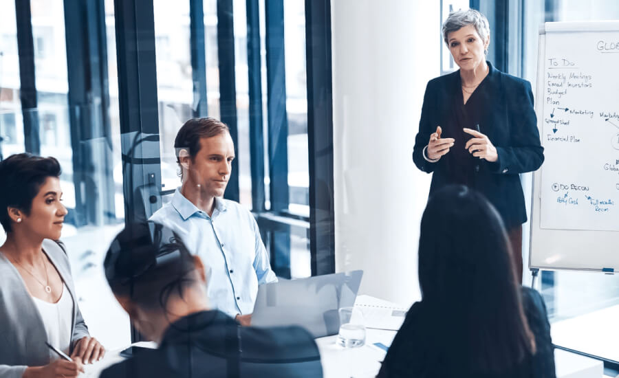 group of business people in meeting, leader is talking in front of a white board