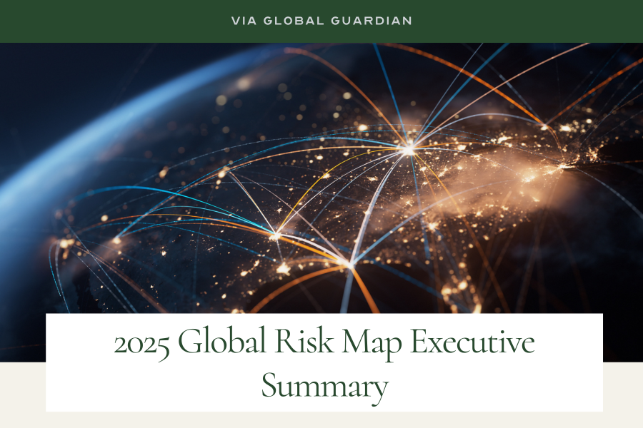 via Global Guardian, "2025 Global Risk Map Executive Summary." Image: Global Network - USA, United States Of America, North America - Global Business, Flight Routes, Connection Lines via Global Guardian, "2025 Global Risk Map Executive Summary." Image: Global Network - USA, United States Of America, North America - Global Business, Flight Routes, Connection Lines