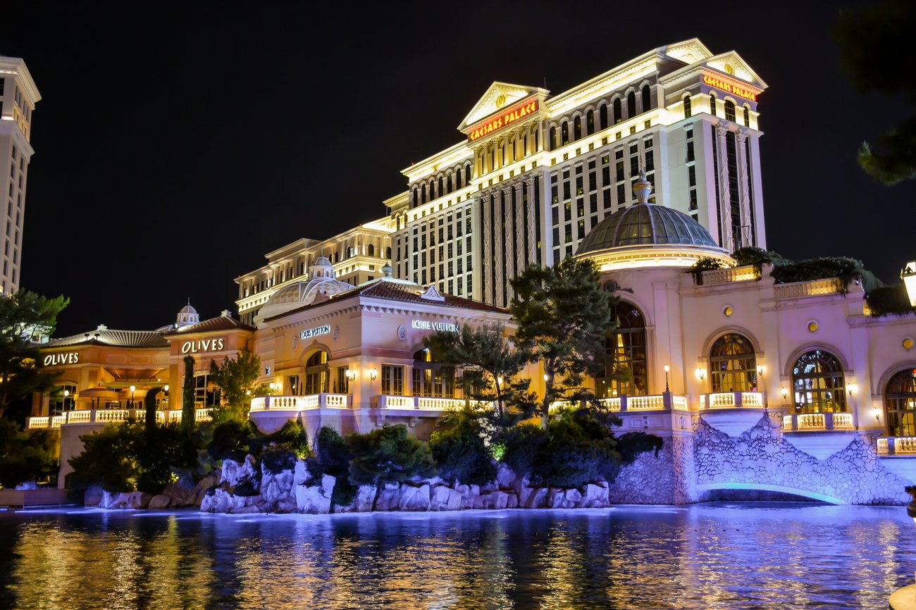 Night time view of the neon illuminations of Caesars Casino in Nevada.