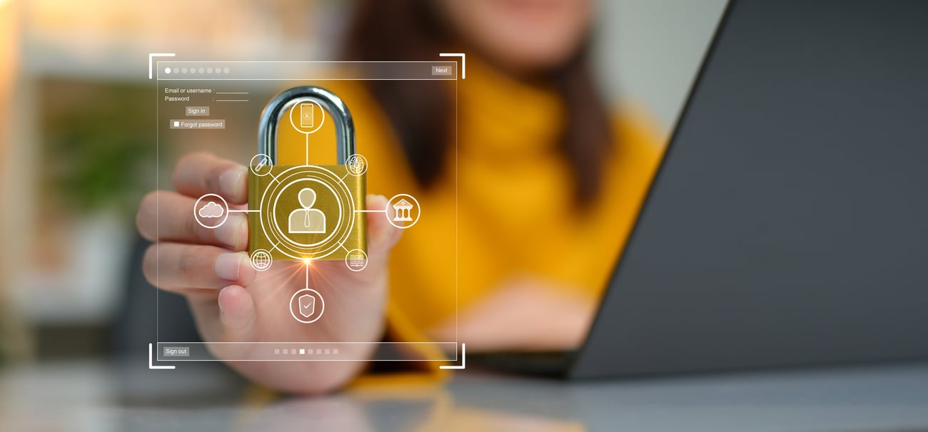 Woman holding up a a lock. There is a security concept overlay.