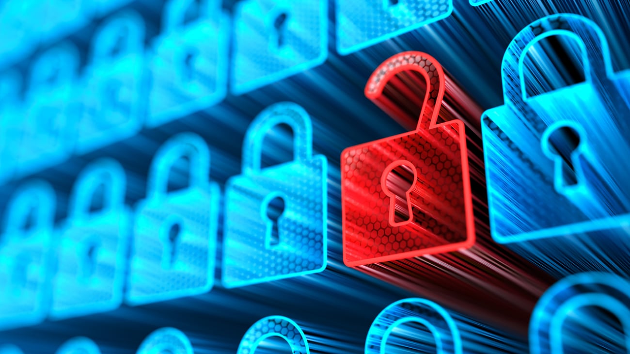 Security Concept. A bunch of blue locks and then one red lock
that is not secure.
