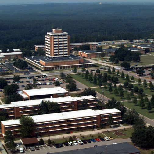 Aerial view of Signal Towers Complex and "schoolhouse" at US Army Signal Center Fort Gordon, Georgia.