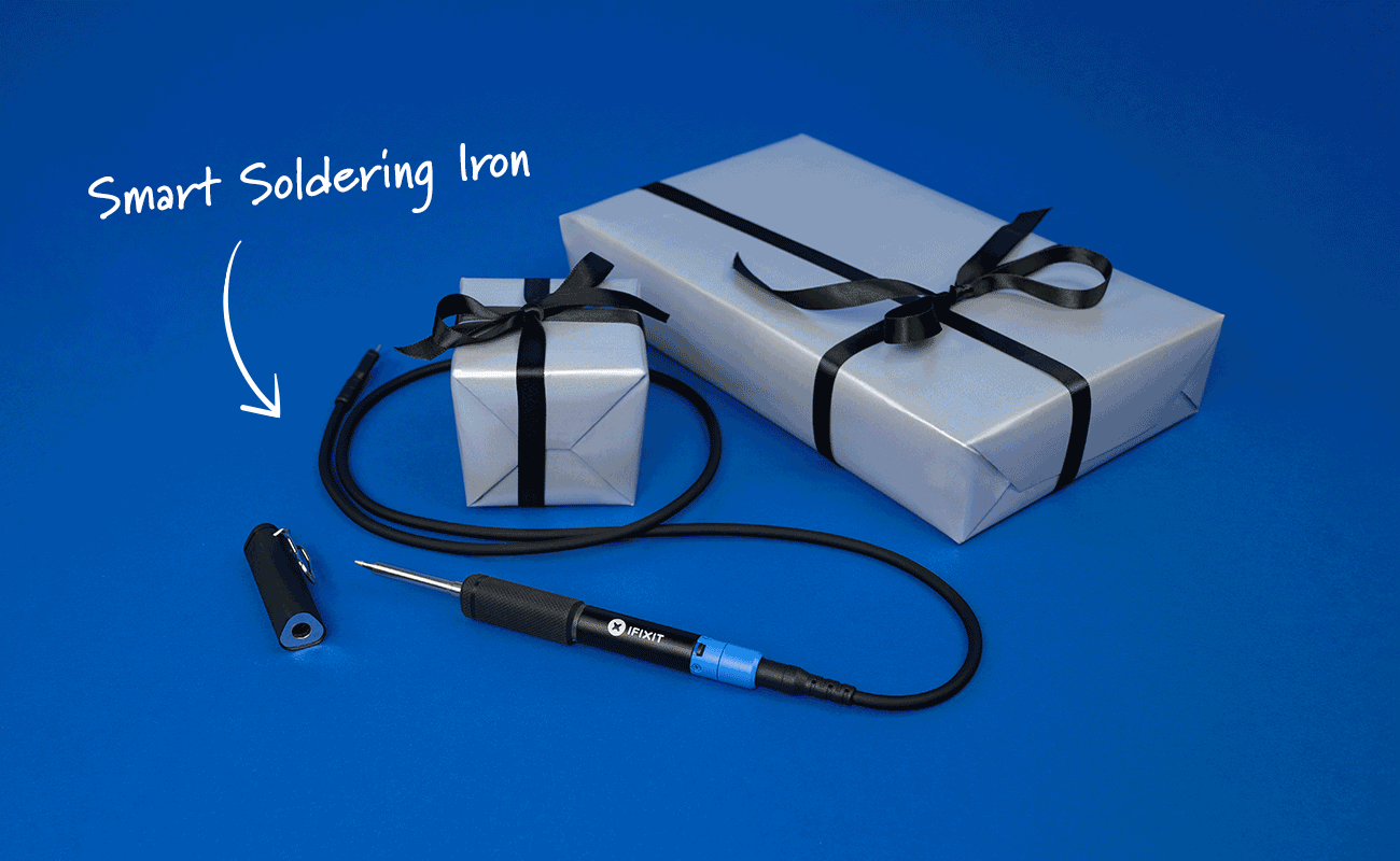 An animated gif featuring the FixHub products on a bright blue background. Each product has handwritten text and an arrow highlighting the Smart Soldering Iron, Portable Soldering Station and Soldering Toolkit. There are silver gift boxes wrapped with black ribbons adding a playful, holiday-themed touch.