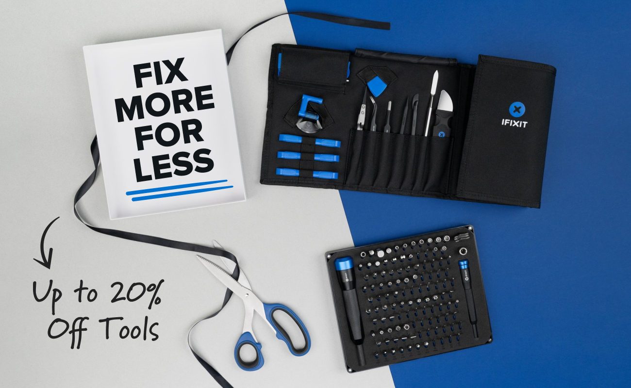 A flat lay on a split grey-and-blue background shows the iFixit Pro Tech Toolkit and the Manta Driver Kit arranged with open ribbon and scissors, while a white box on the left displays the bold message “FIX MORE FOR LESS.”
