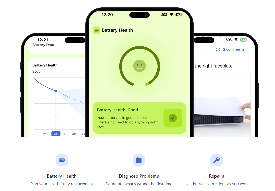 Image: Screen captures of various key features of the new iFixit app