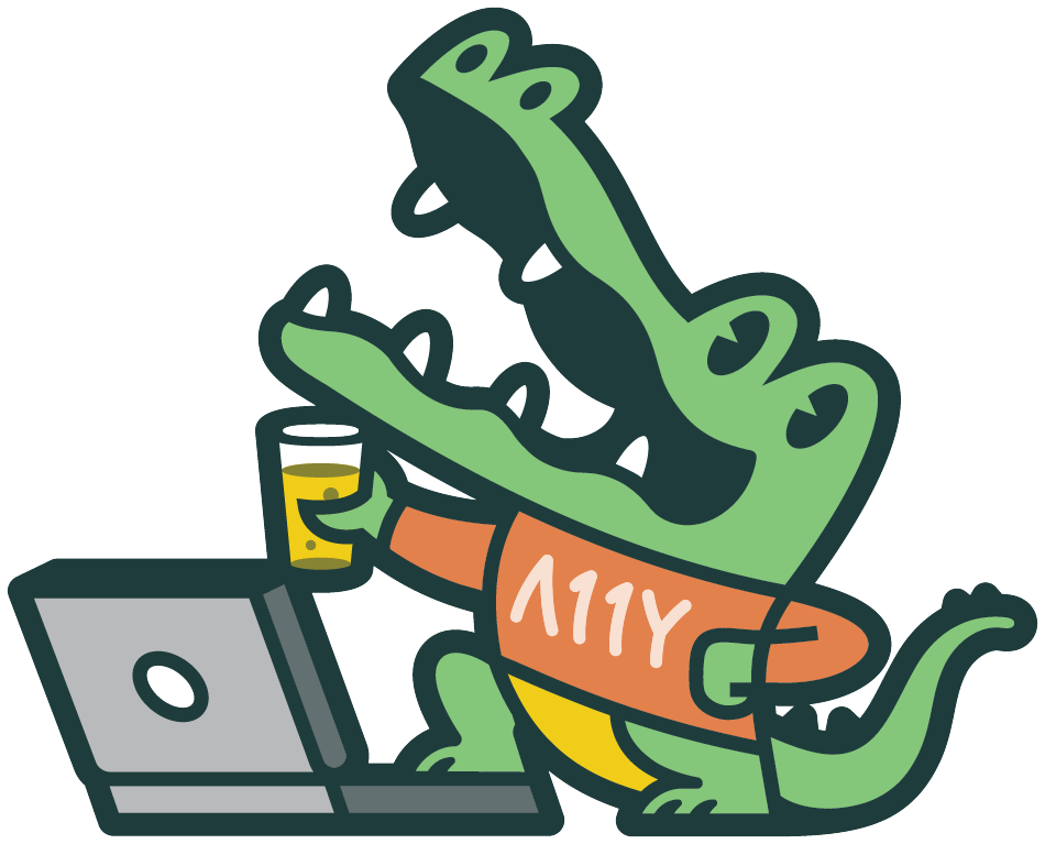 An illustration of Ally the alligator, the official Accessibility Craft Podcast mascot. Ally is wears an orange shirt and poses with a pint glass of beer and a laptop.