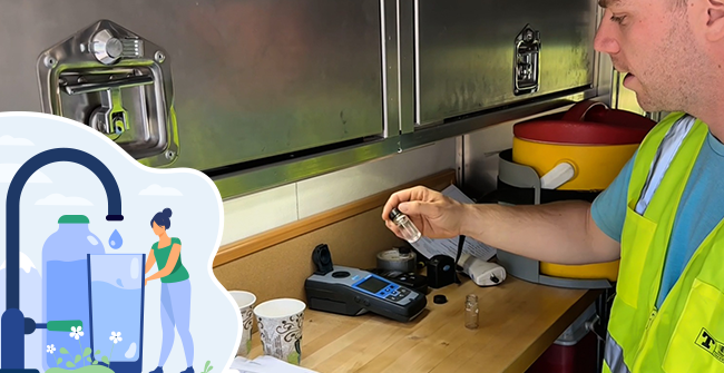 A man in a yellow safety vest inspecting a water sample. An illustrated graphic on the bottom-left shows a woman filling up a glass of water from a sink faucet.