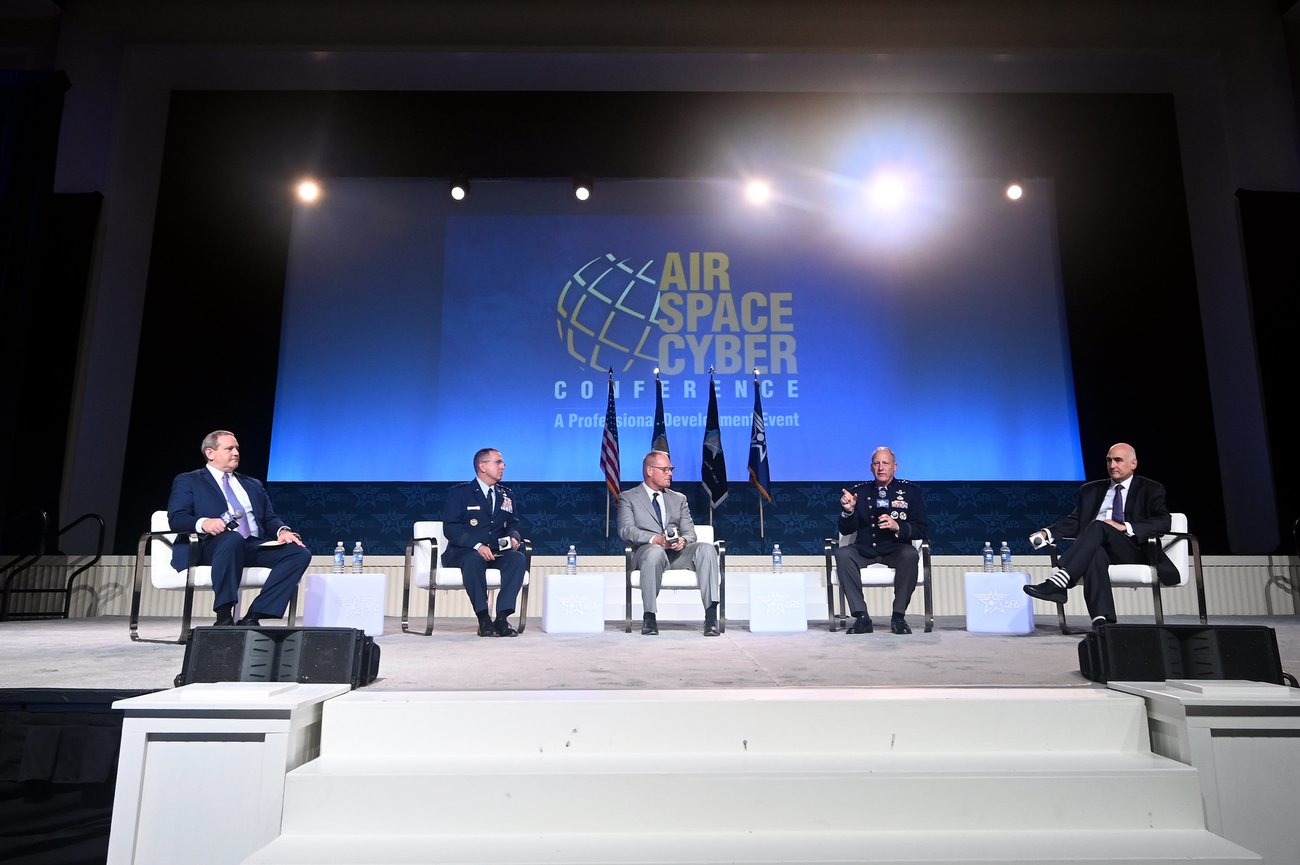 Assistant Secretary of the Air Force for Acquisition Andrew Hunter, Air Force Vice Chief of Staff Gen. James Slife, Vice Chief of Space Operations Gen. Michael Guetlein and Assistant Secretary of the Air Force for Space Acquisition Frank Calvelli take part in a panel discussion at the Air and Space Forces Association's Air, Space & Cyber Conference, National Harbor, Md., Sept. 16, 2024. The technology exposition brings together Air Force leadership, industry experts, academia as well as aerospace and cyberspace specialists from around the world to discuss the issues and challenges facing America today. (U.S. Air Force photo by Andy Morataya)