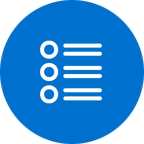 Blue circular icon featuring a simple white list symbol with three bullet points and three horizontal lines, centered on a solid background.