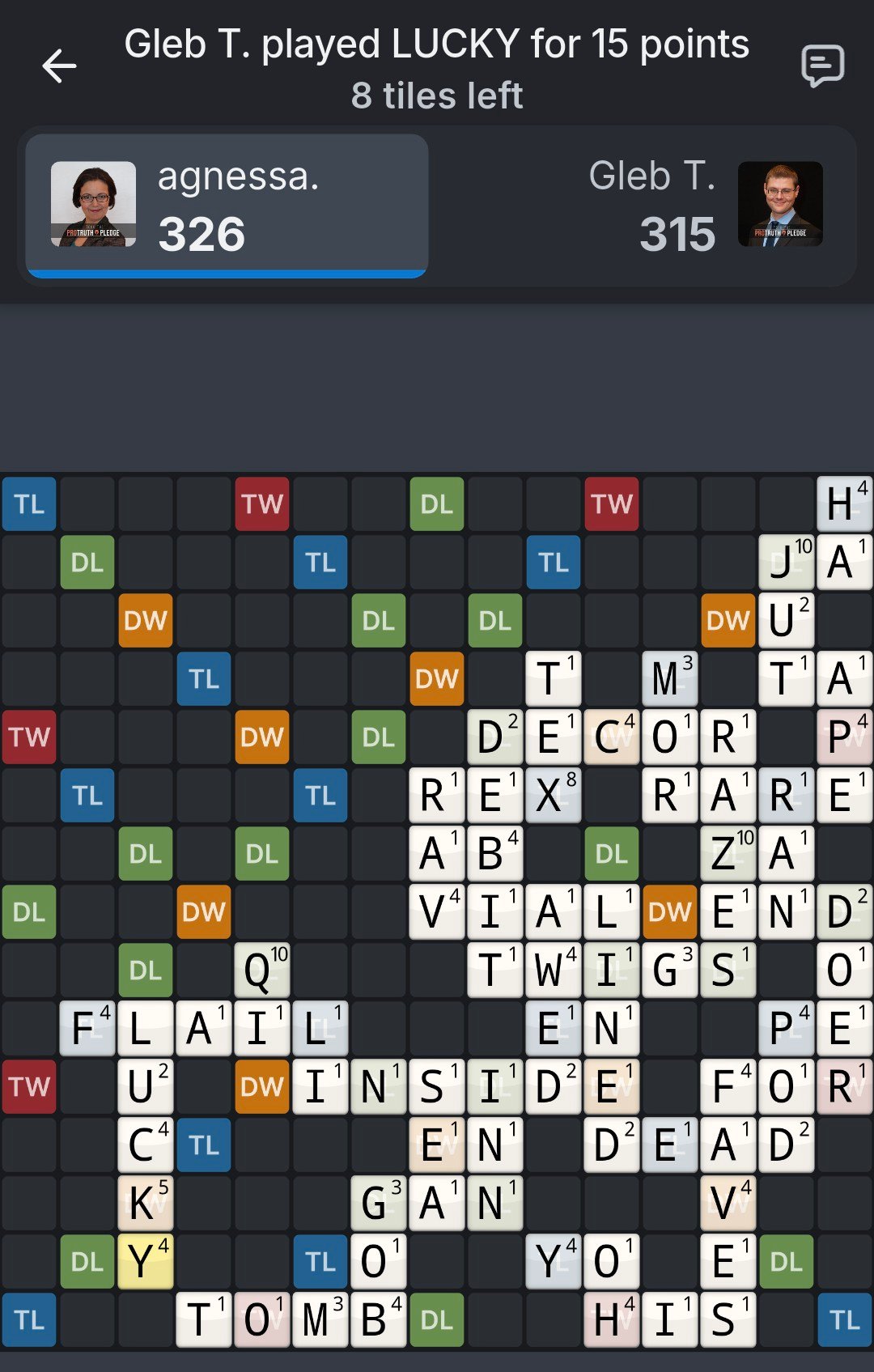 screenshot of online Scrabble game between Gleb and Agnes