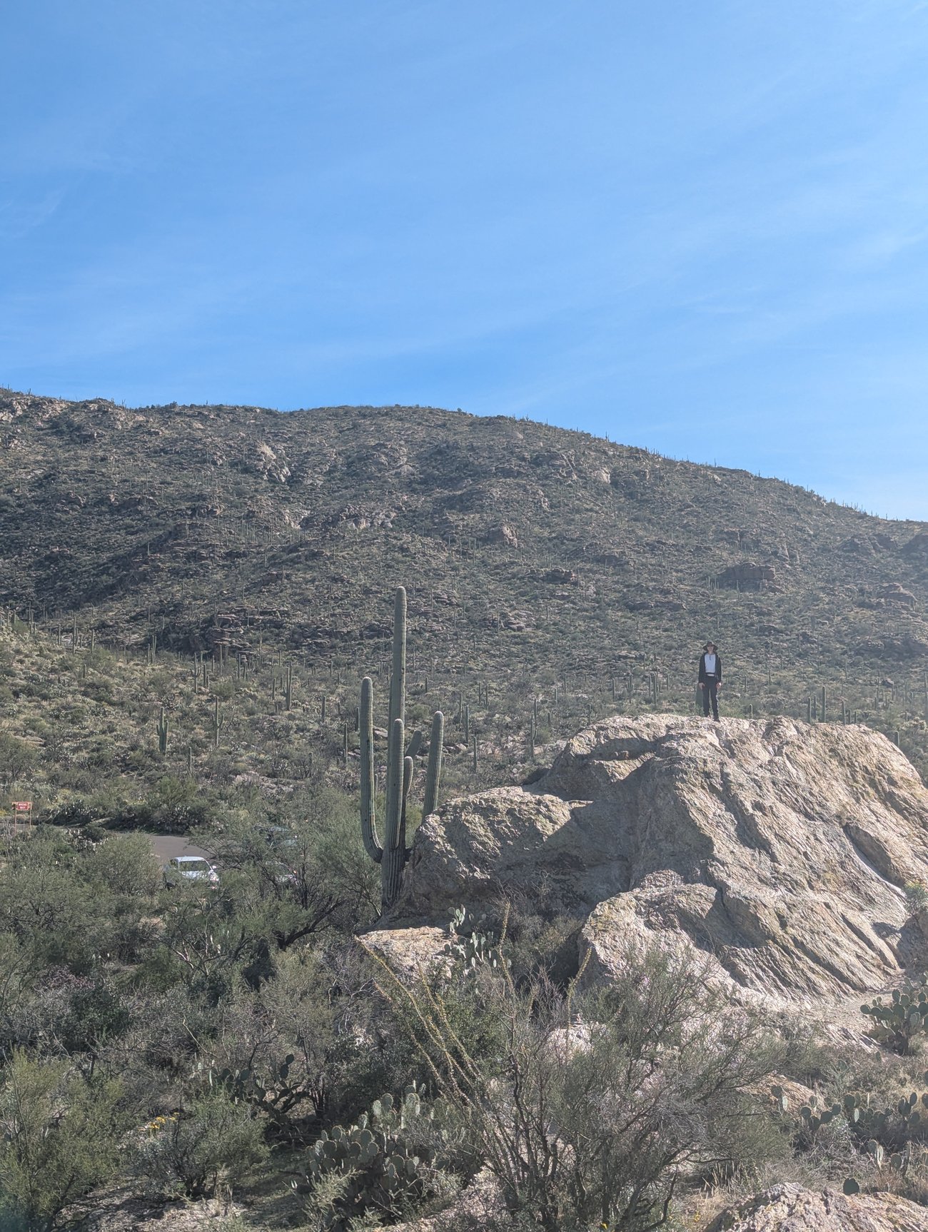 A photo of Gleb on a rock formation with a huge Saguaro cactus nearby.