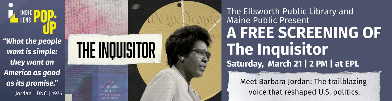 banner ad for a free screening of The Inquisitor on March 21 at the Ellsworth Public Library. Click the banner for more information.