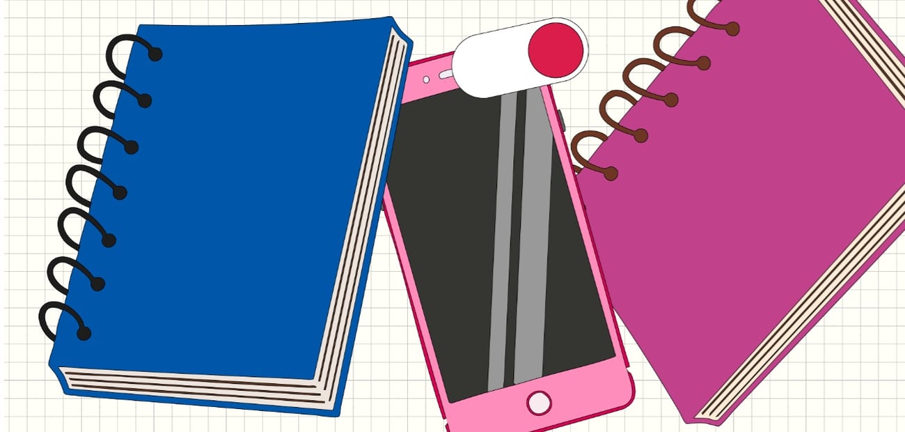 An illustration of notebooks and a smartphone