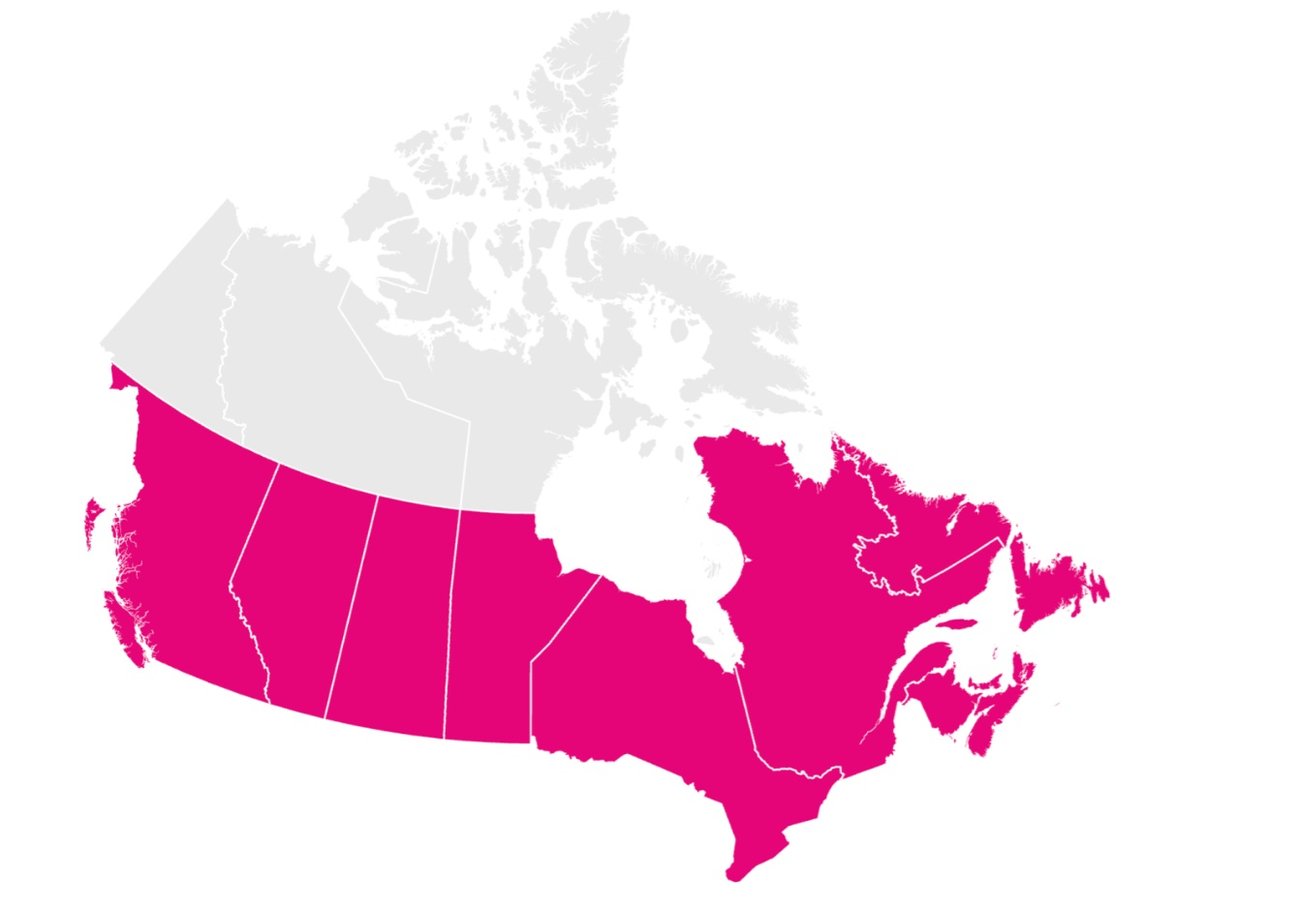 A map of Canada with provinces highlighted in pink