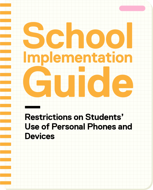 An illustration of a notebook cover with the text School Implementation Guide, Restrictions on Students' Use of Personal Phones and Devices