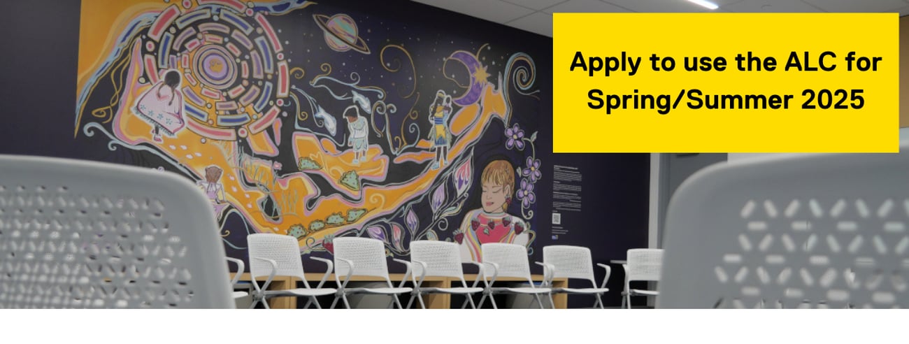 A circle of chairs in front of a mural wall in the Active Learning Classroom. Text reads "Apply to use the ALC for Spring/Summer 2025).