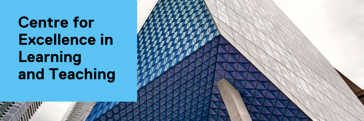 A view of the SLC and the surrounding skyline from below. Text reads "Centre for Excellence in Learning and Teaching".