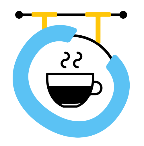 An icon of a hot drink in a cup drawn in the middle of the letter C, and designed to look like a hanging shop sign. 