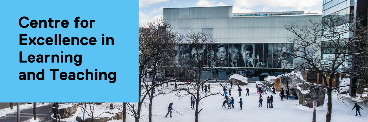 People skaing on Lake Devo on a sunny winter day on the TMU campus. Text reads "Centre for Excellence in Learning and Teaching". 