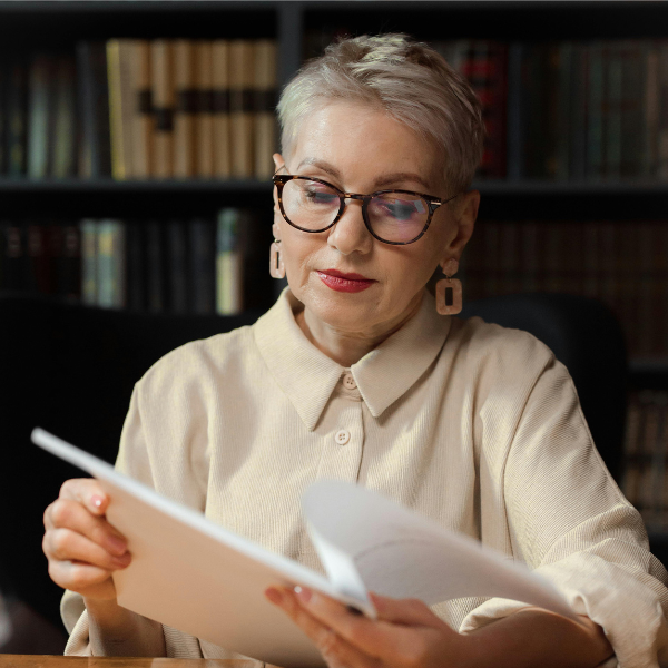 A person reads a paper in a library. A person reads a paper in a library.