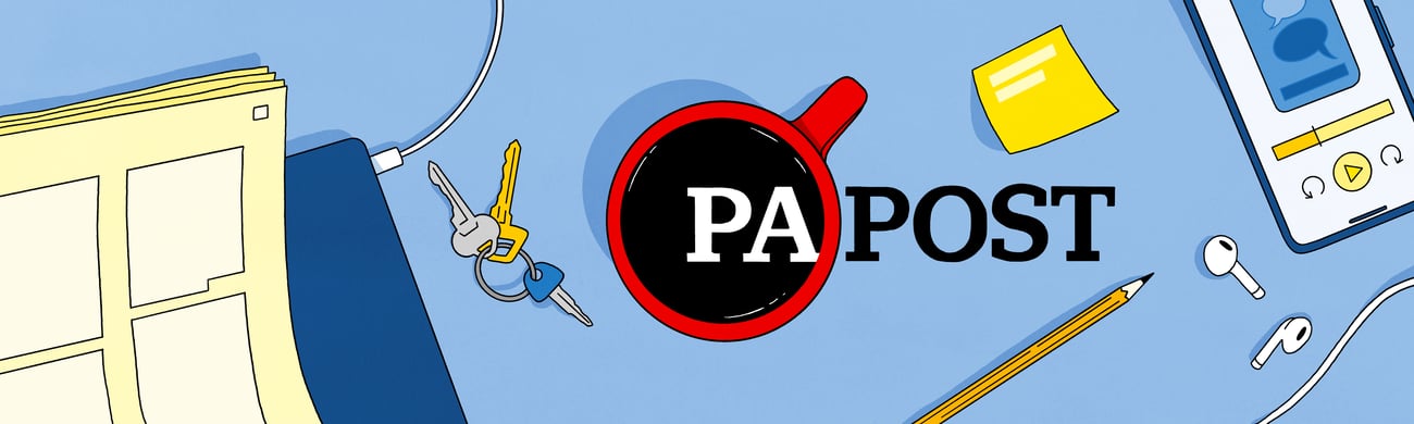 An illustration showing keys, headphones, a cup of coffee, and a newspaper on a table behind the words PA Post.