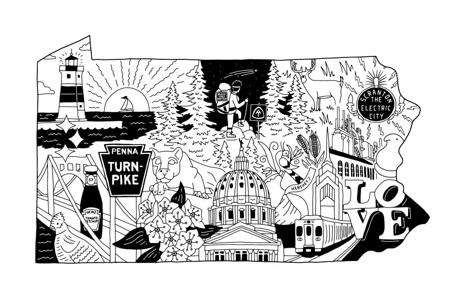 An illustration of Pennsylvania landmarks, framed by the state's silhouette