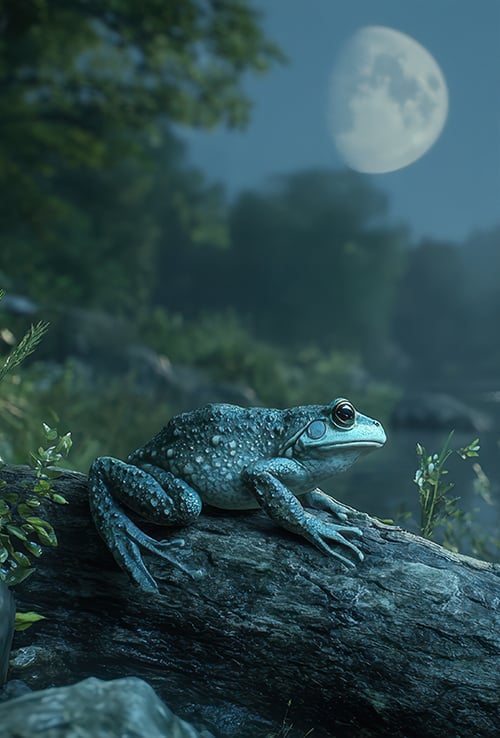 Frog sitting on log at night under full moon.