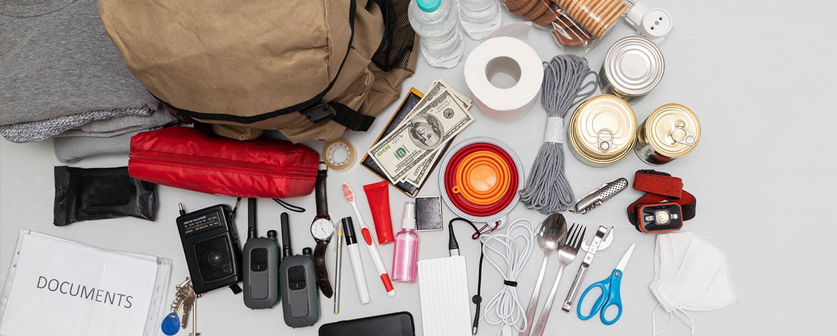 A well-stocked emergency kit full of storm supplies.