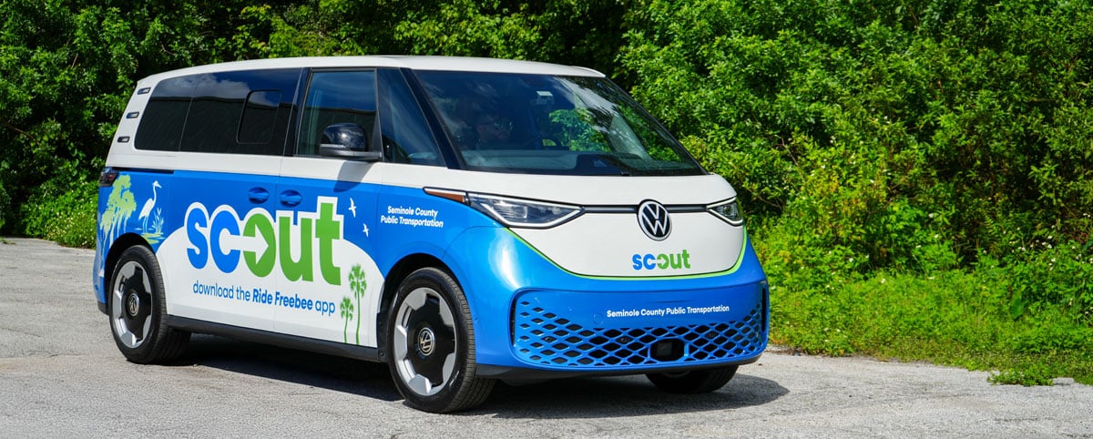 Scout electric van driving on the road.