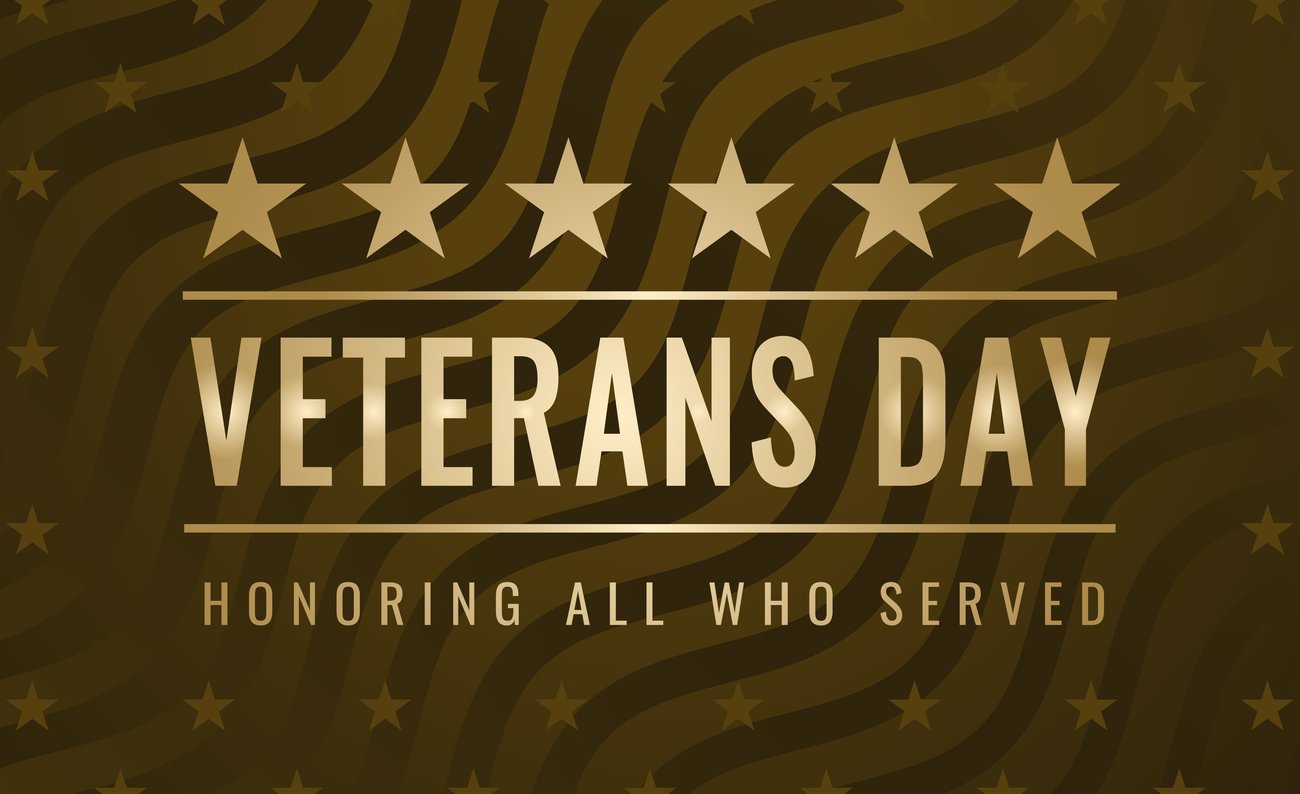 Text saing Veterans Day Honoring all who served with stars