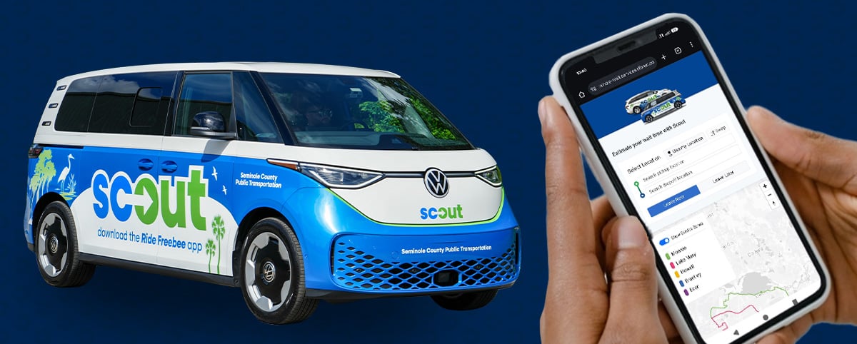 Phone using Ride Freebee app, Scout car Phone using Ride Freebee app, Scout car