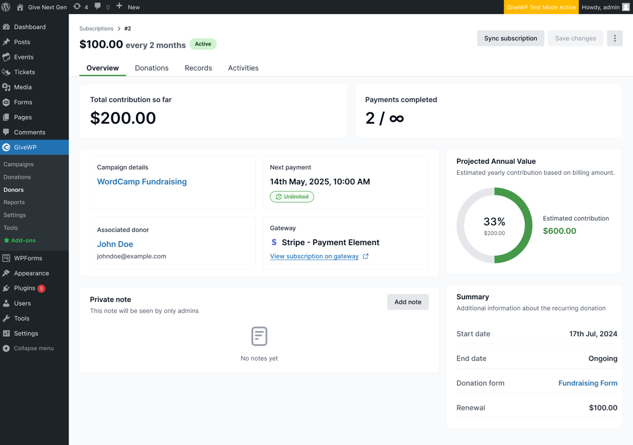 New Subscription Details admin screen shows subscription insights and all details