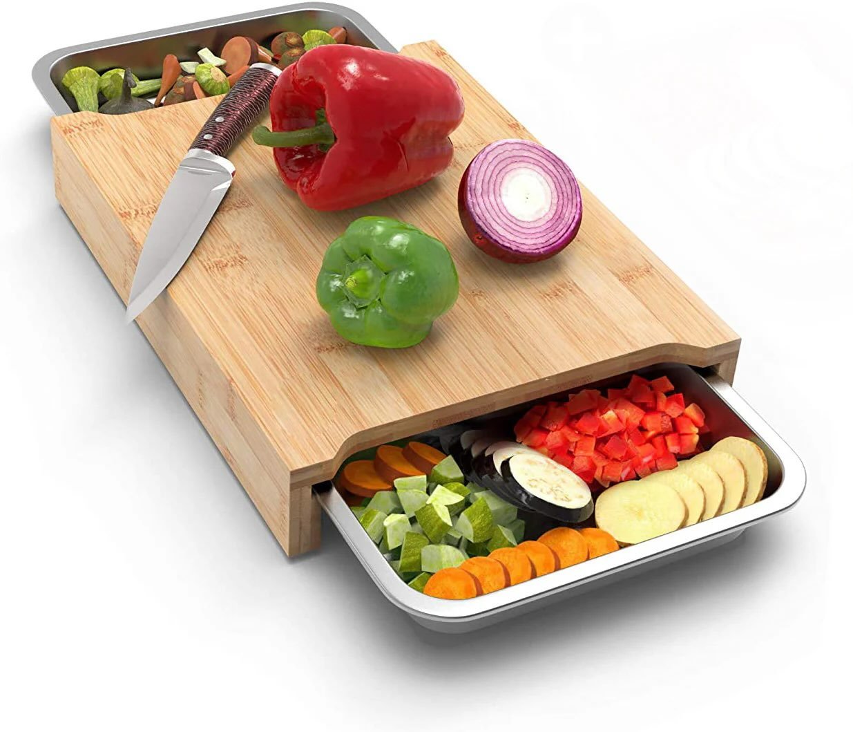 Bamboo Cutting Board with 2 Organizing Stainless Steel Trays