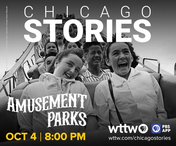 Ad: Young adults laughing while on roller coaster, Watch Chicago Stories: Amusement Parks, October 4
