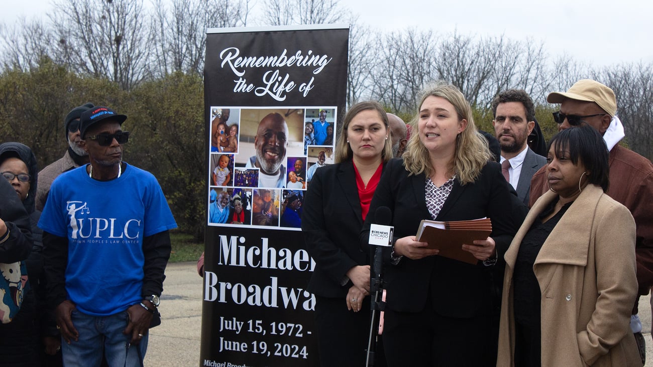 Attorneys and family gather outside Stateville Correctional Center on Nov. 14, 2024, to announce the filing of a wrongful death lawsuit over the death of Michael Broadway. (Blair Paddock / WTTW News)