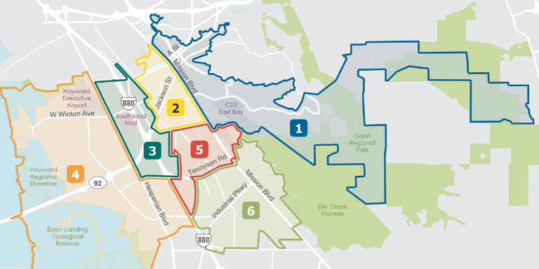 Map of the 6 districts set up in Hayward.