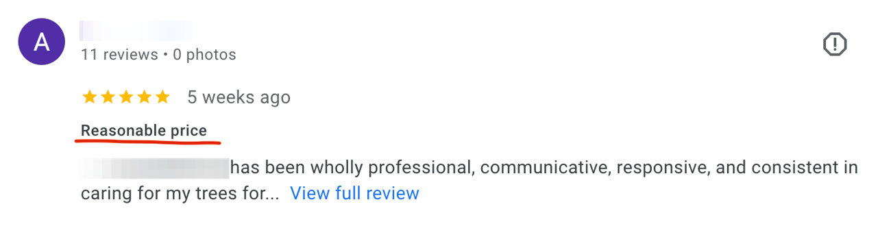 Google review showing price feedback