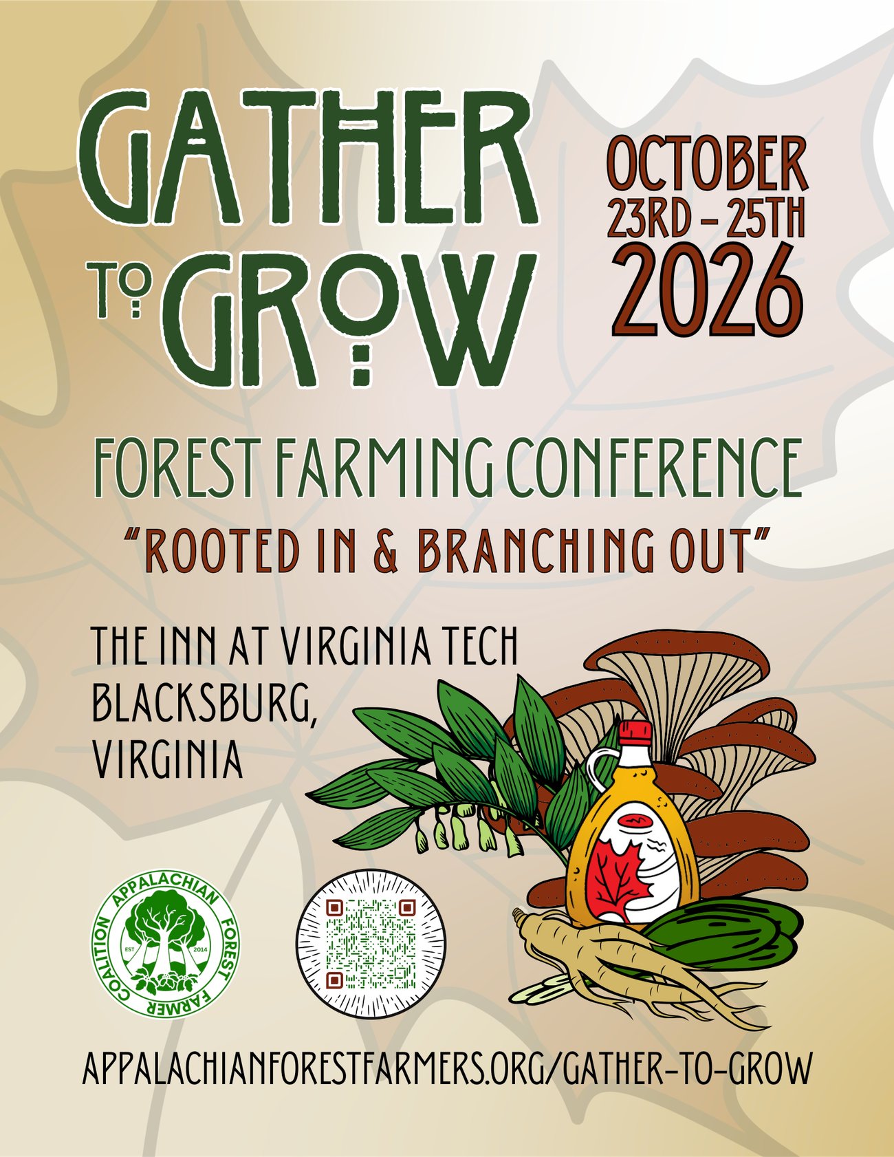 Flyer for Gather to Grow forest farming conference. "Rooted in and branching out"