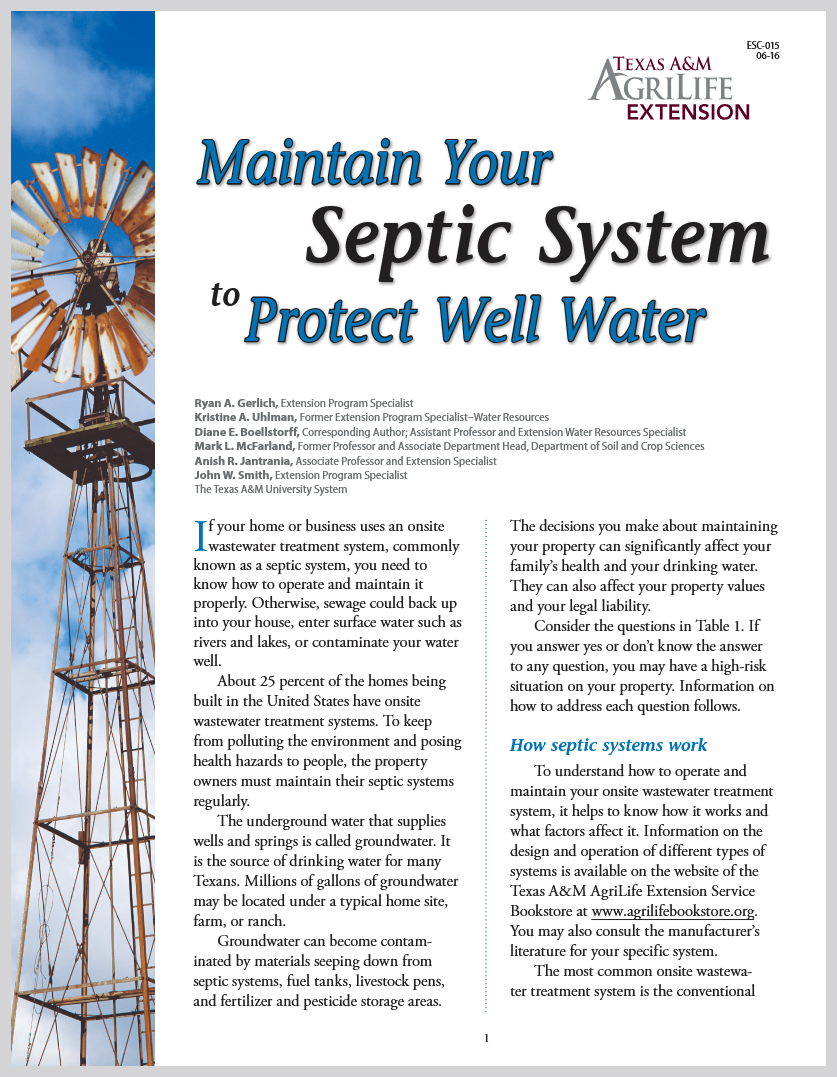 A screenshot of the front page of the Texas A&M Extension document "Maintain Your Septic System to Protect Well Water."