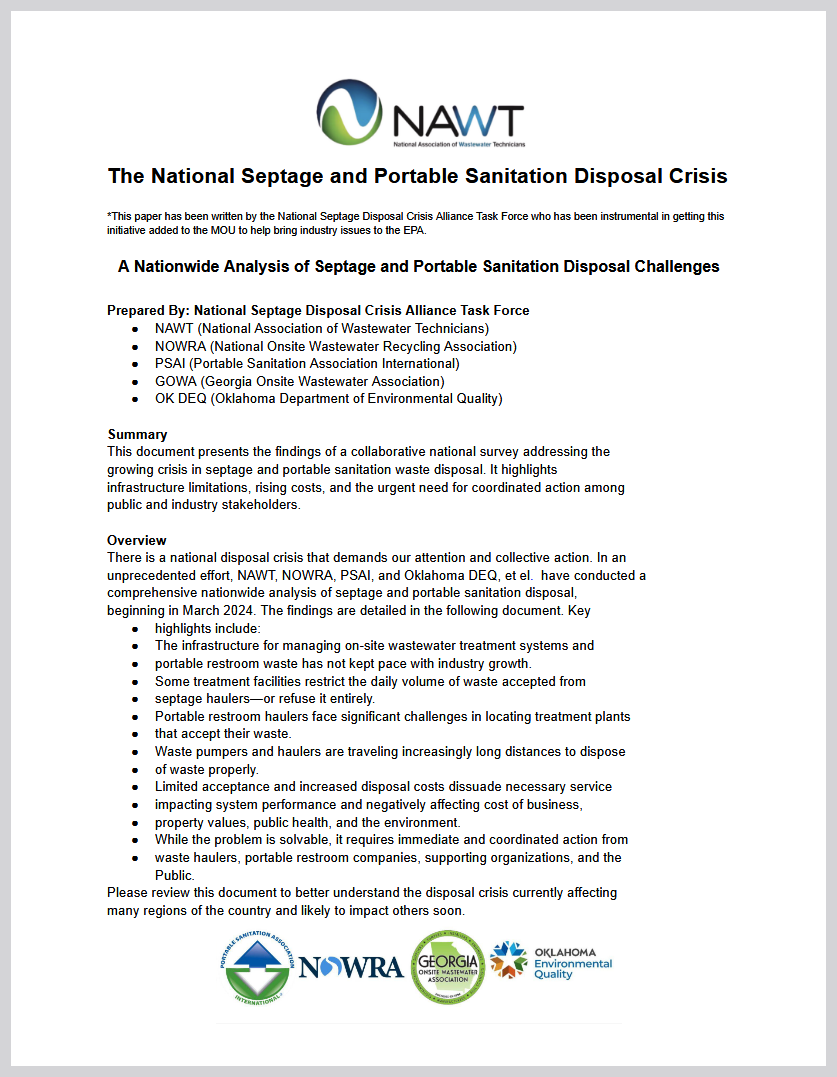 A screenshot of the white paper "The National Septage and Portable Sanitation Disposal Crisis" published by the National Assocation of Wastewater Technicians (NAWT).