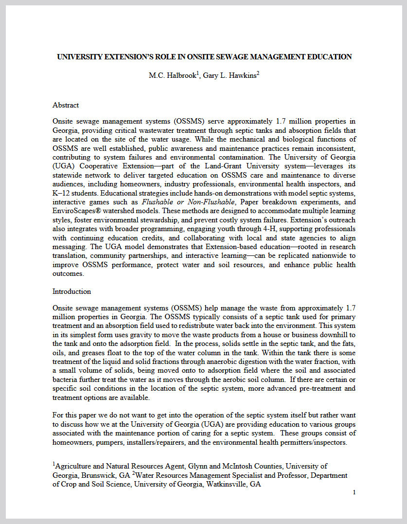 The front page of the research paper "University Extension's Role in Onsite Sewage Management Education.".