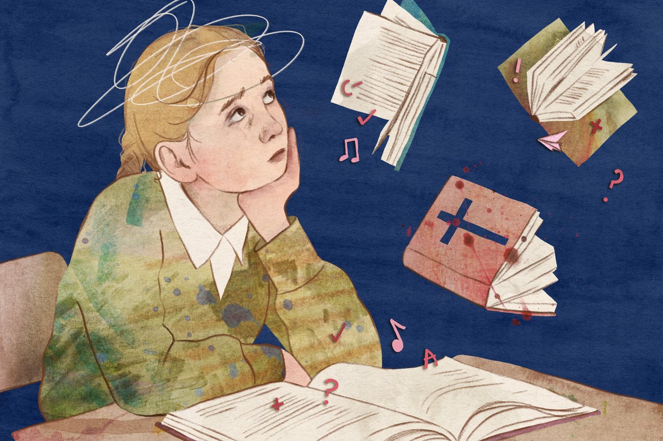 An illustration of a girl in a school uniform at a desk. Her head is faintly scribbled over as she looks up at books and music floating in the air, including a bible