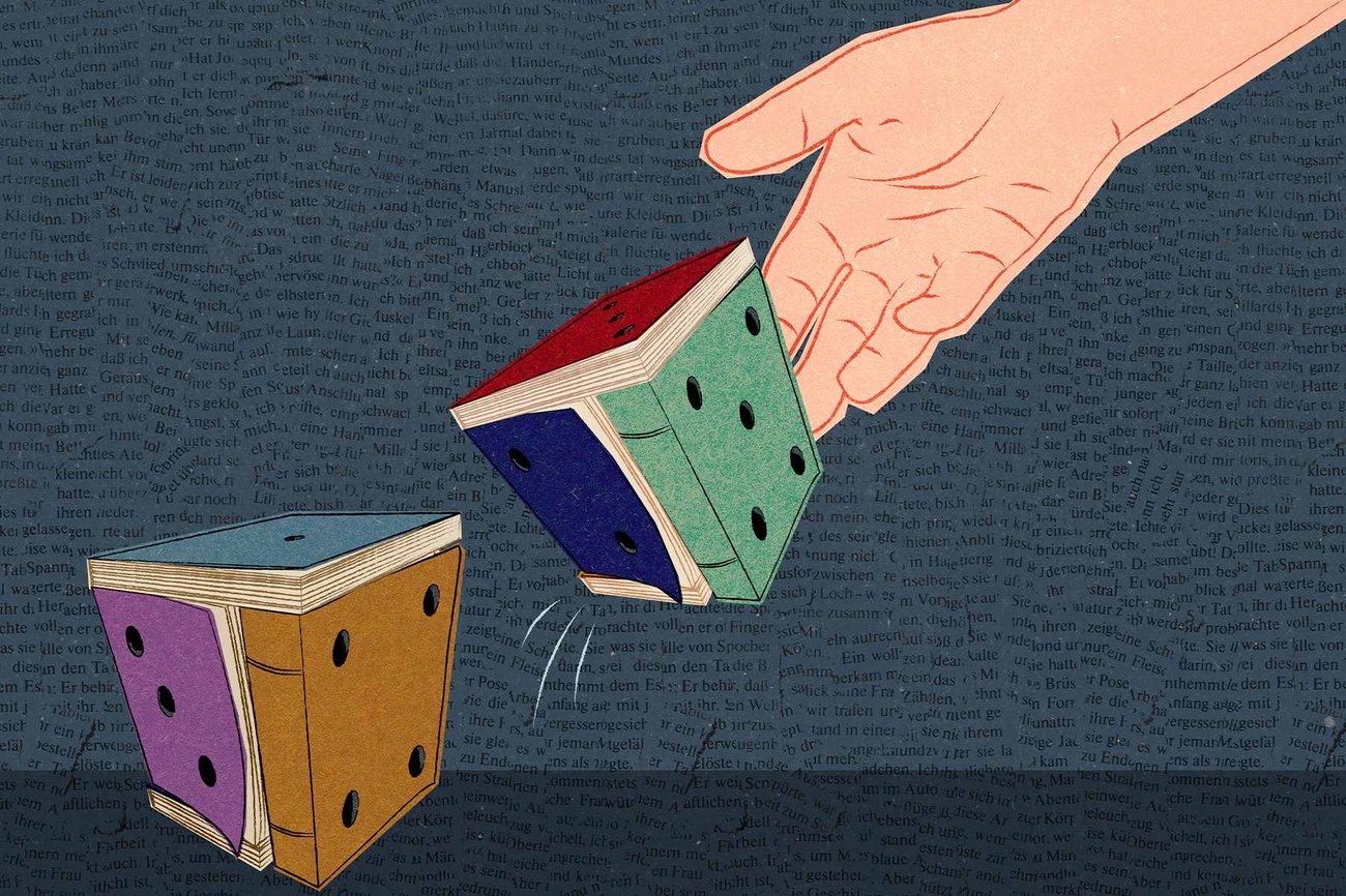 An illustration of a hand rolling dice that are made up of books in front of a dark blue background made up of text