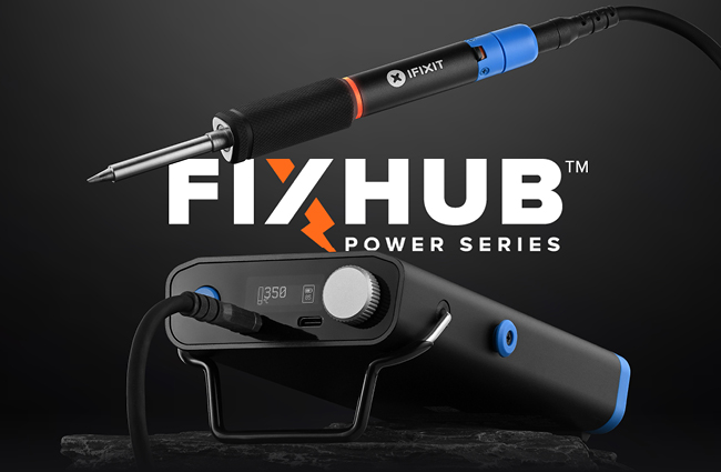 Close up shot of the Portable Soldering Station and Smart Iron with the FixHub (TM) logo in the middle.