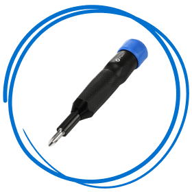 A compact screwdriver with a black textured handle and blue rotating cap, isolated on a neutral background with a blue circular outline.