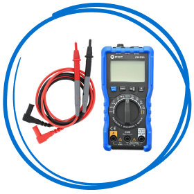 A digital multimeter with red and black test leads coiled beside it, displayed against a clean blue graphic background with circular accents.