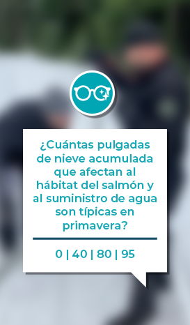 Un gráfico que dice “¿Cuántas pulgadas de nieve acumulada que afectan al hábitat del salmón y al suministro de agua son típicos en primavera? 0, 40, 80, o 95”. En la parte de arriba, hay un gráfico de unos anteojos.