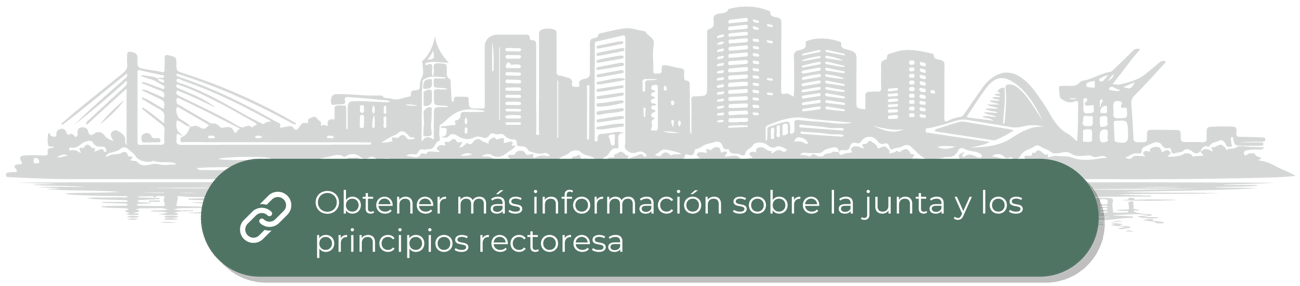 Un botón verde que dice “Obtenga más información sobre los principios rectores de la junta” en la parte de arriba de un cartel ilustrado del horizonte del centro de Tacoma.