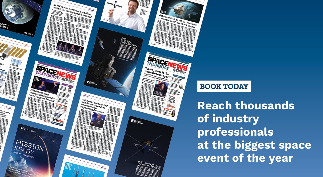 A selection of pages from past editions of Space Symposium daily editions with the text 